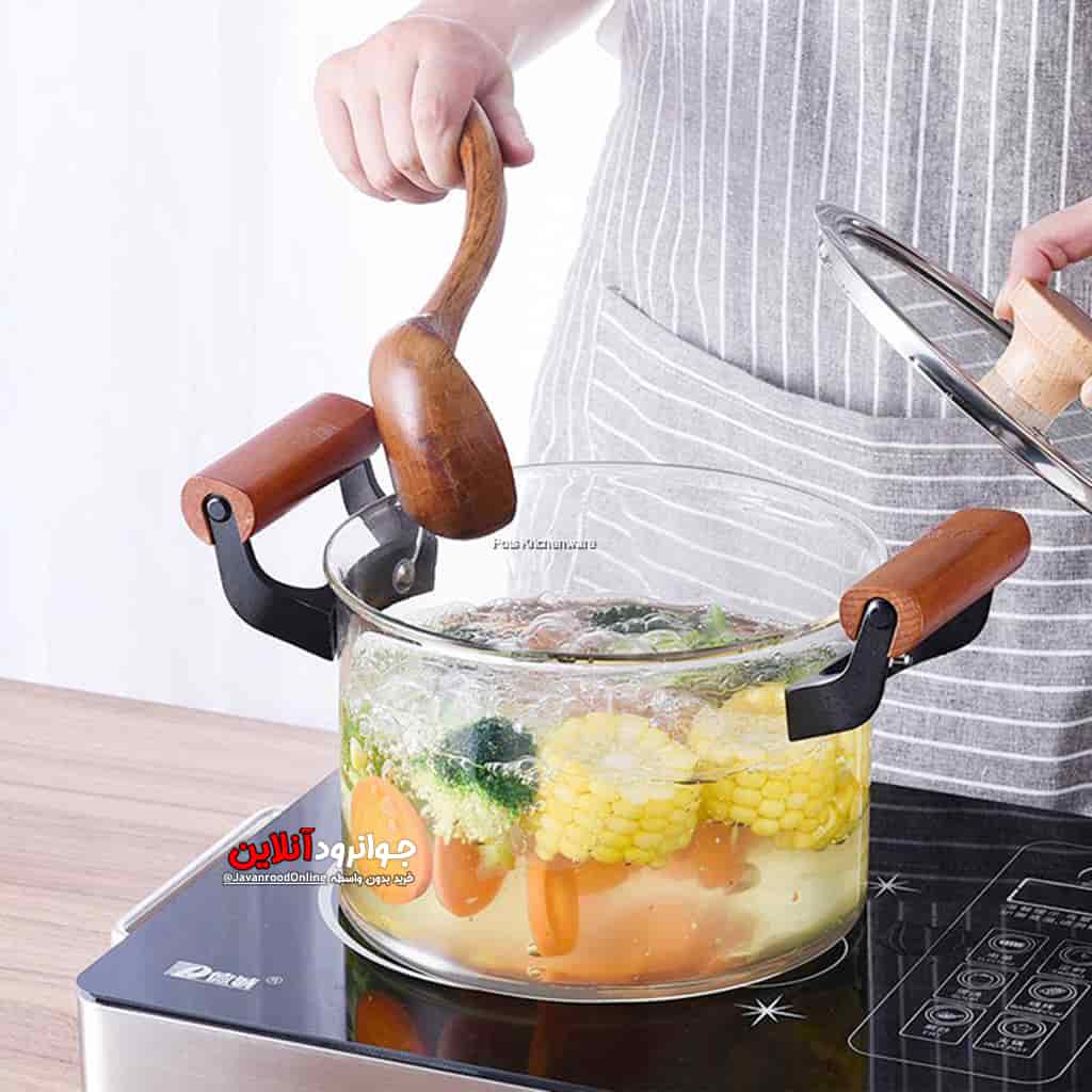 قابلمه شیشه ای 4.5 لیتر دسته چوبی وارداتی اصلی ANSNOW 4.5L