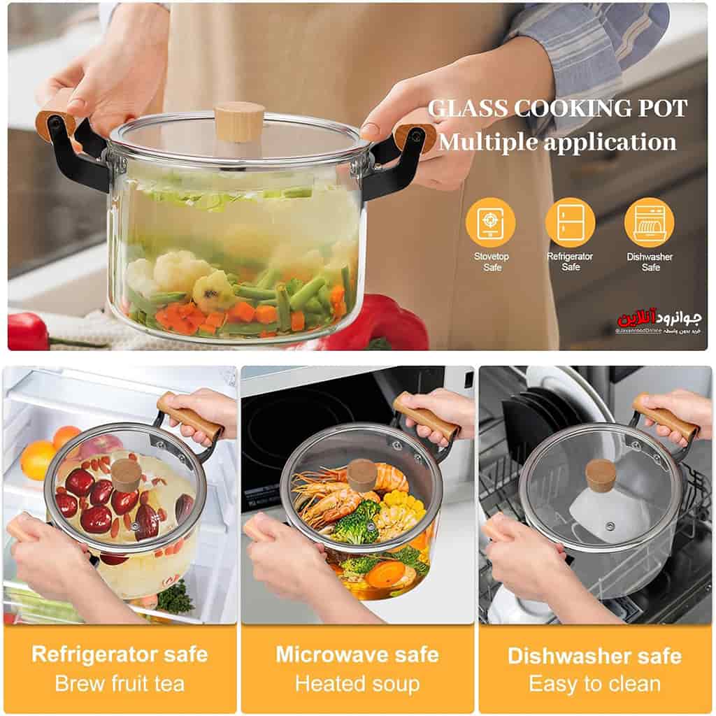 قابلمه شیشه ای 4.5 لیتر دسته چوبی وارداتی اصلی ANSNOW 4.5L