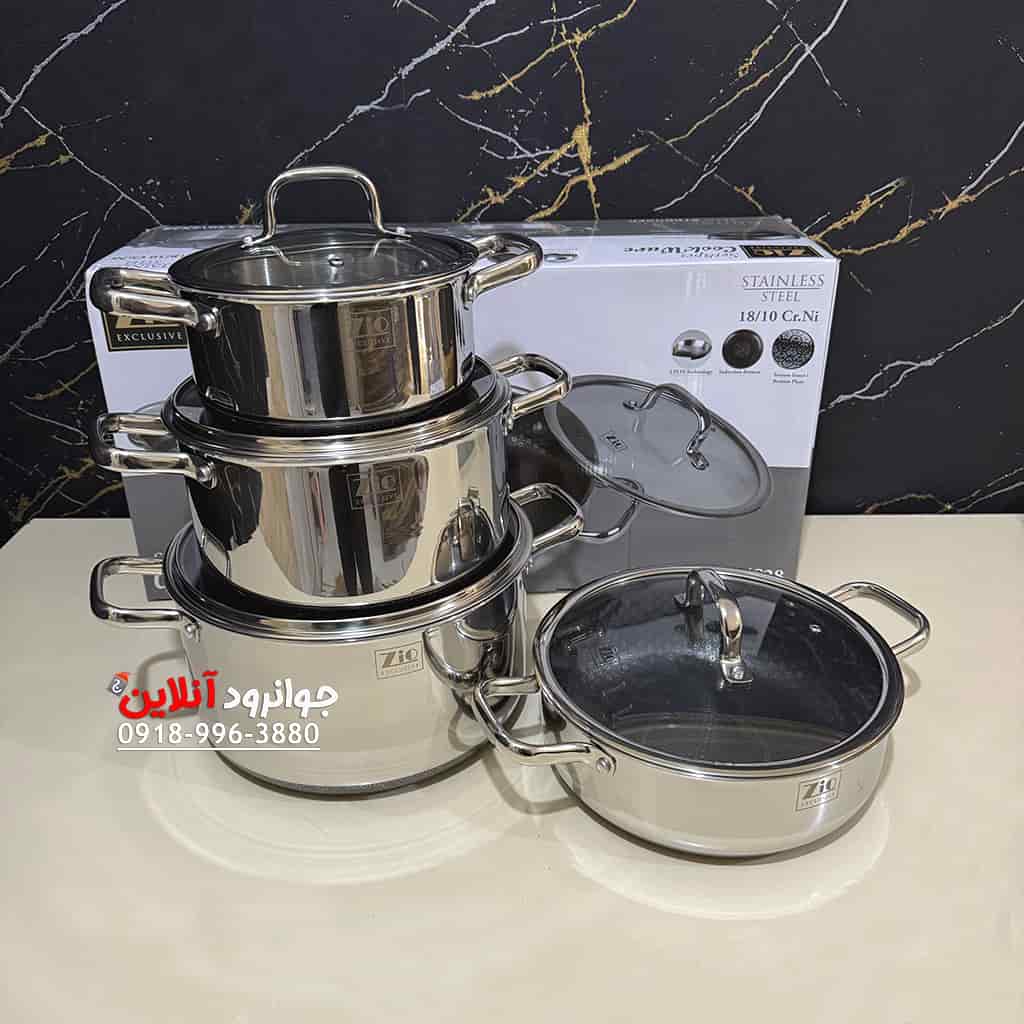 سرویس قابلمه زیو ZCS-1556 استیل 8 پارچه کف لیزری سایز 28