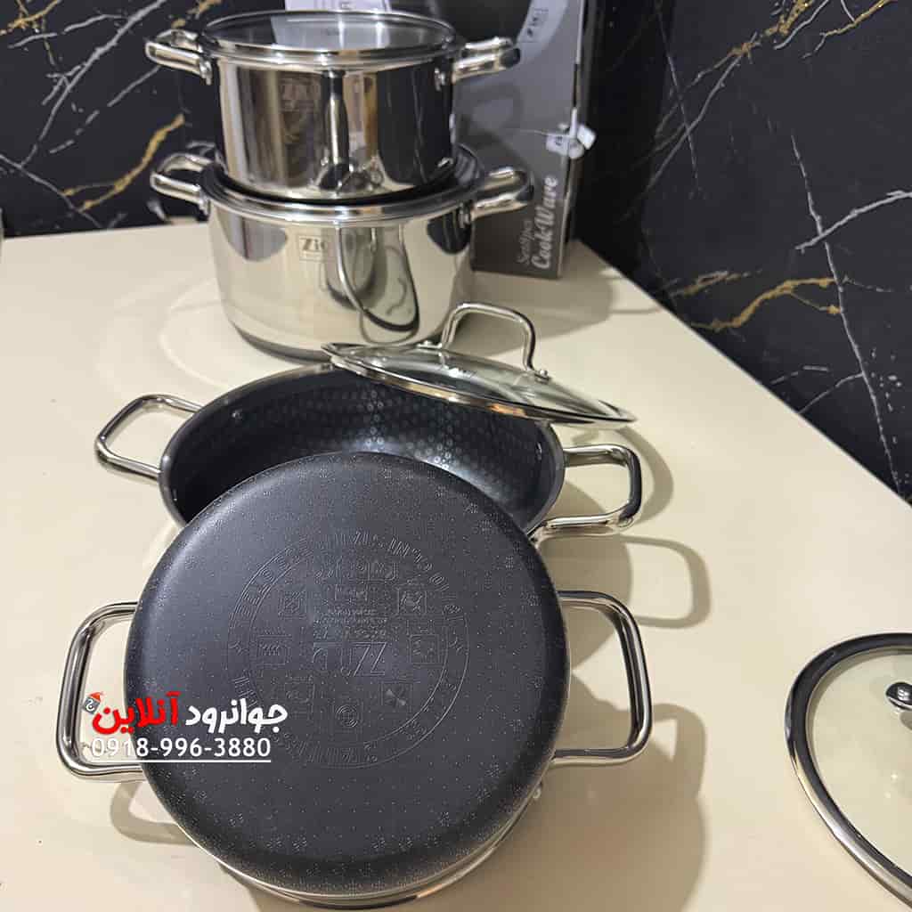 سرویس قابلمه زیو ZCS-1556 استیل 8 پارچه کف لیزری سایز 28